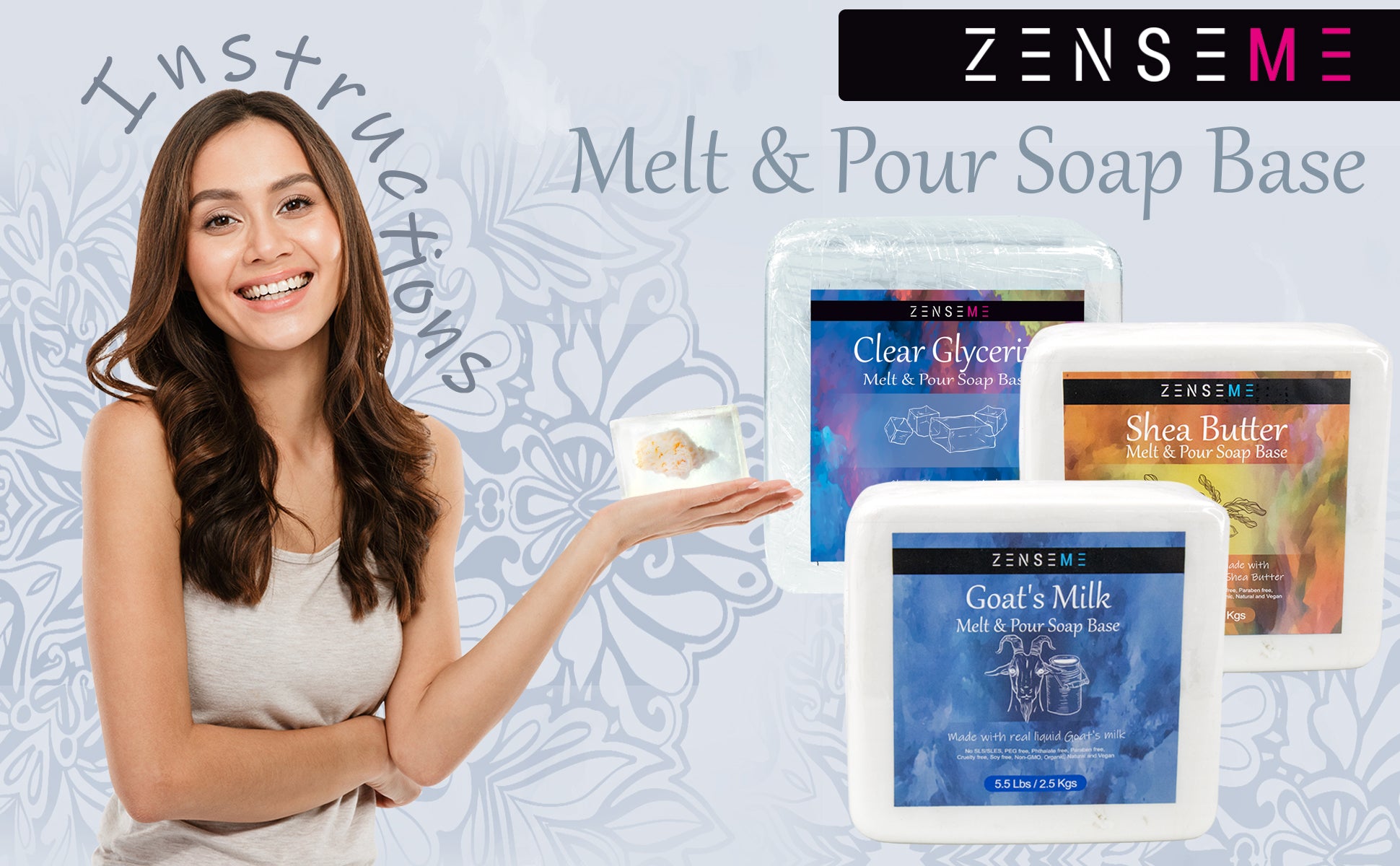 Woman holding soap base with Zenseme products